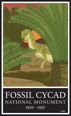 Memorial poster for Fossil Cycad National Monument (1922-1957). In front of a rosy sunset, a green dinosaur peeks around a palm-like plant.