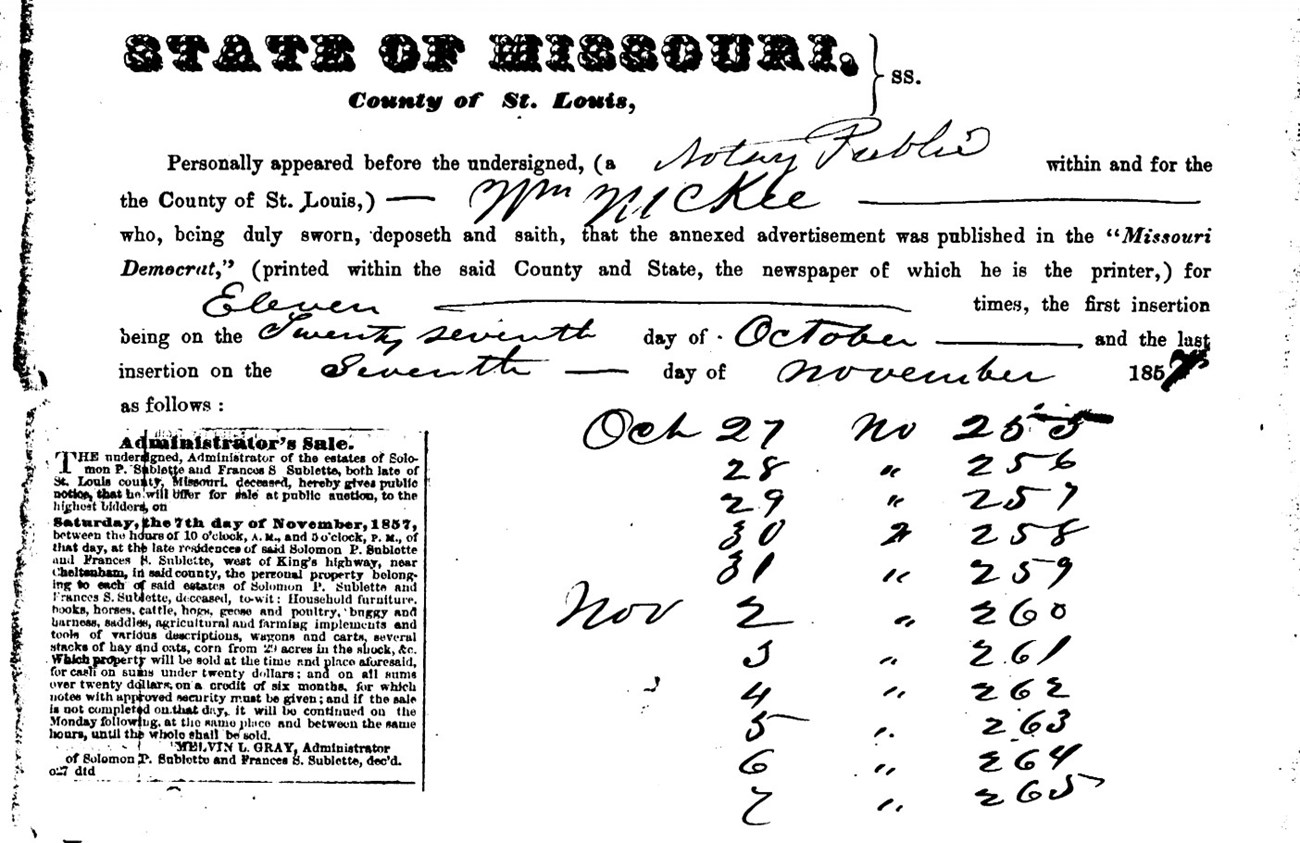 Legal document noting the publication of a newspaper ad for an estate sale to be published in the Missouri Democrat.