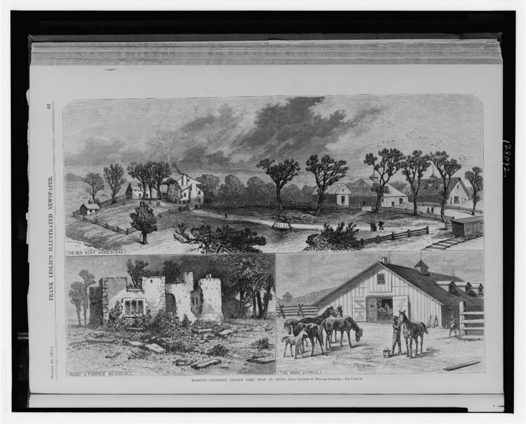An 1875 engraving of the White Haven farm featuring a cottage, outbuildings, and a stable with horses.