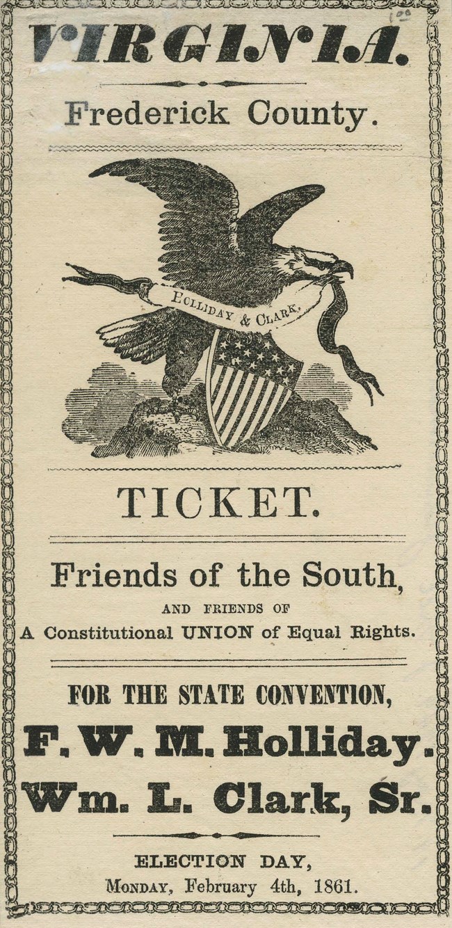 Frederick County Election Ticket, February 4, 1861. The ticket features an eagle with spread wings, holding a ribbon in it's beak and standing in front of a shield decorated with stars and stripes.