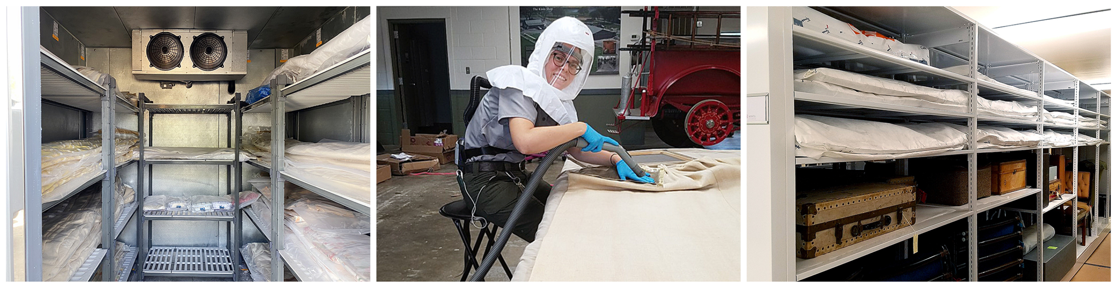 A set of three photos: 1) wrapped items sit on shelves inside a freezer, 2) a person in protective gear vacuums an object 3) wrapped object sit on final storage shelves
