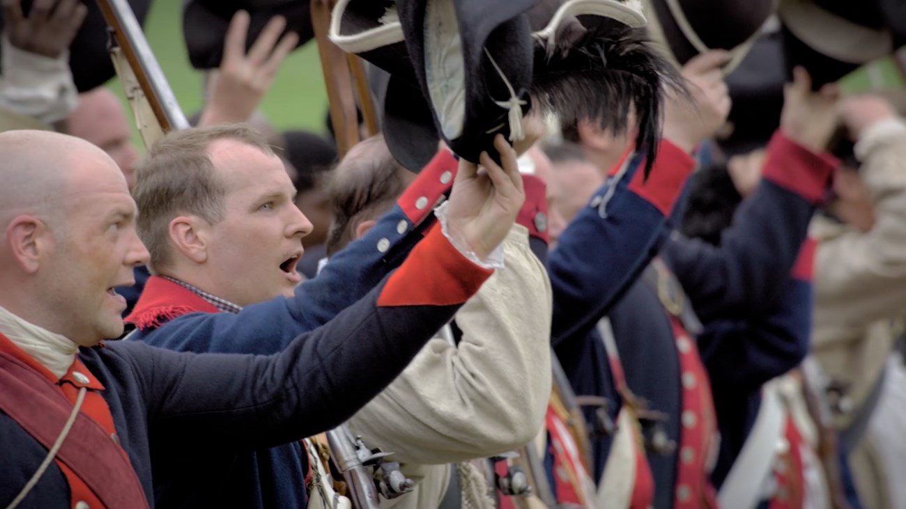 outdoors, soldiers, cheering