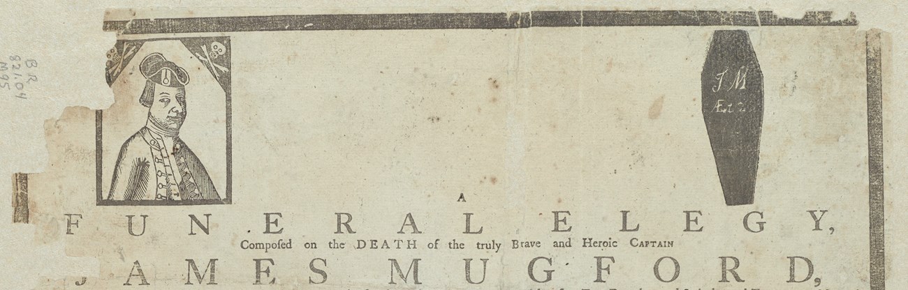 banner of a broadside with a portrait of a man and a coffin that says "funeral elegy, James Mugford"