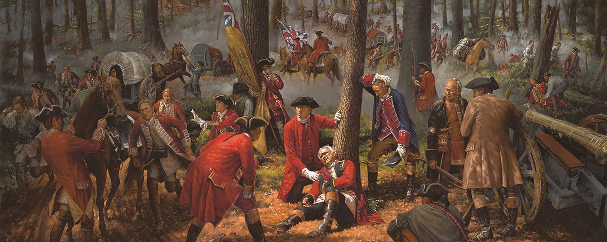 The Wounding of General Braddock by Robert Griffing A wounded officer sits, leaning against a tree and grasping his side in pain, at the center of this painting. Several uniformed men and a Native warrior gather around him as soldiers, horses, and wagons bearing British flags rush forward.