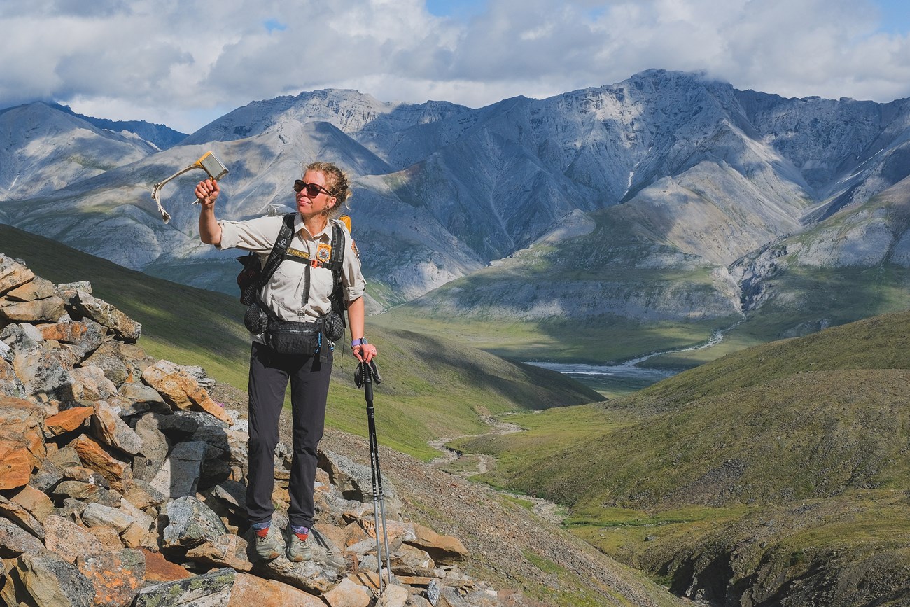 Denali Backcountry Park Ranger Taylor Bracher stands high up in a drainage, north of the Continental Divide in Gates of the Arctic National Park and Preserve, holding a caribou GPS collar she retrieved.