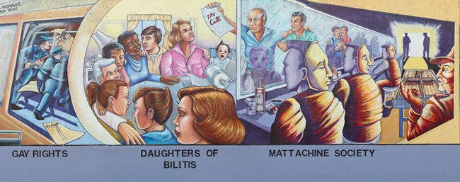Depictions of 3 historical events: a police raid; 8 adult women and 1 baby seated around a table; a row of seated men facing a mirror in a dark room, wearing full face masks on the back of their heads