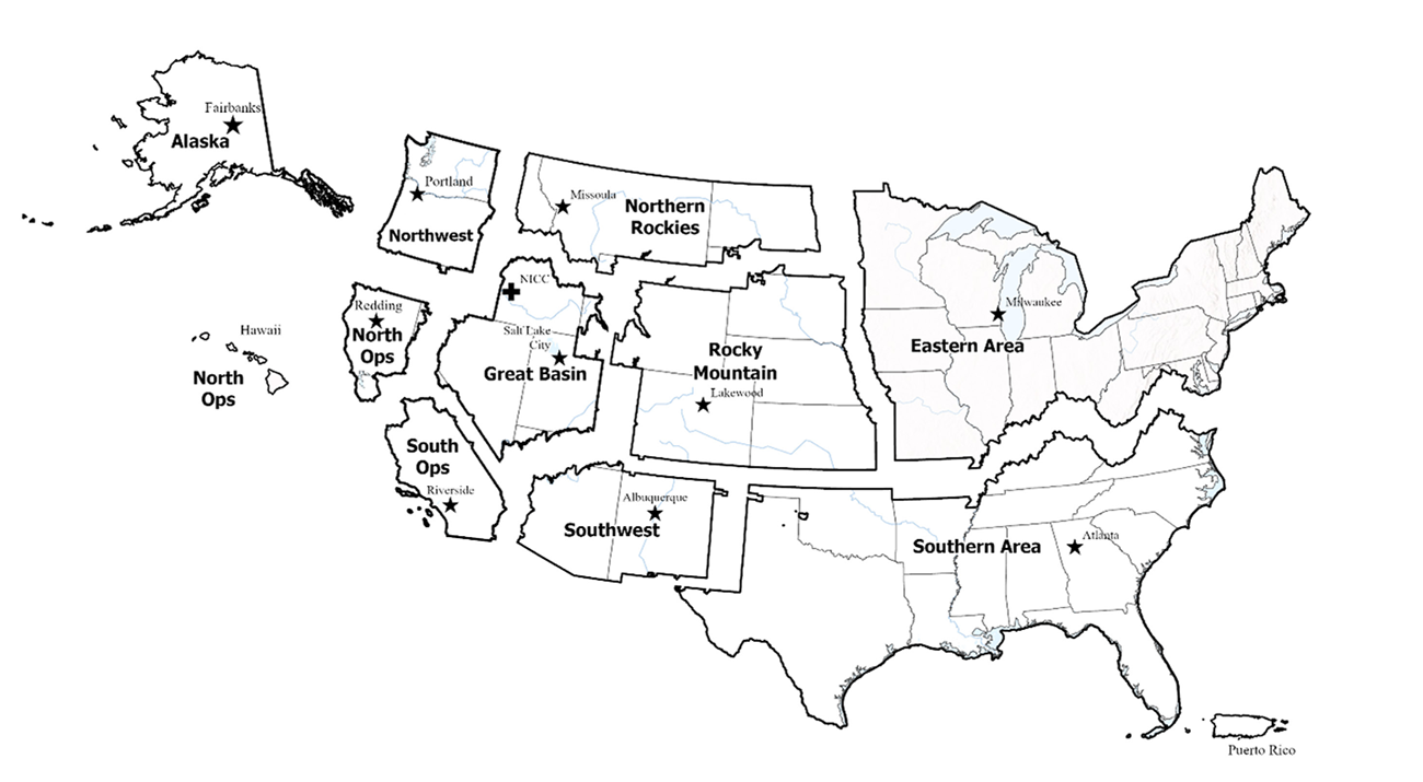 Map of Geographic Areas of the United States. Map of the United States separated out into sections with a star in each section.