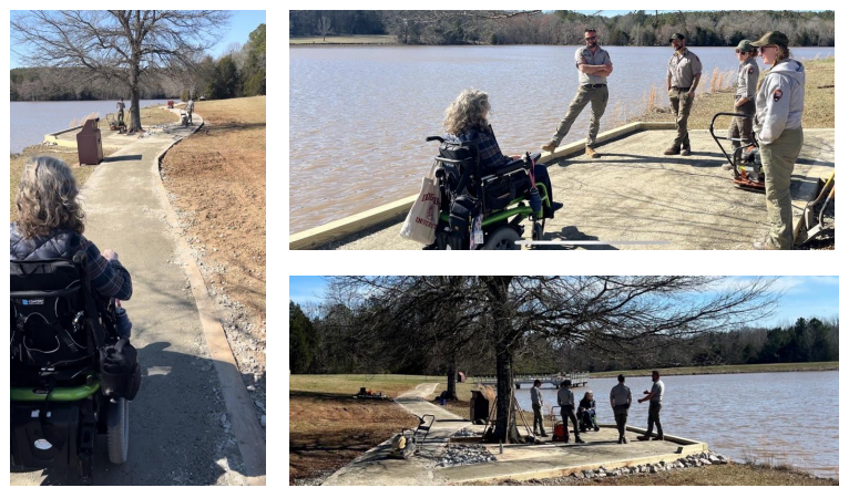 Photo courtesy of St. Claire Donaghy, Staff Writer for the Index Journal Collage showcasing an wheelchair user and group of NPS employees standing near water on a sunny day.