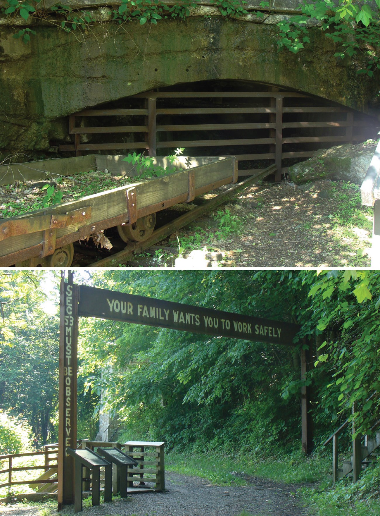 Top photograph shows the gated entrance to the mine. Bottom photograph shows a safety sign that welcomed miners, and now visitors, to Kaymoor mine with the words “Your Family Wants You To Work Safely”. Top photograph shows the gated entrance to the mine. Bottom photograph shows a safety sign that welcomed miners, and now visitors, to Kaymoor with the words “Your Family Wants You To Work Safely”.