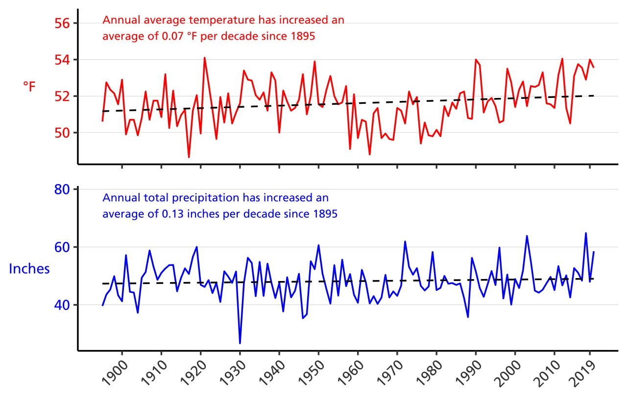 Line graph of annual average temperature (°F) and annual total precipitation (in.) for Fayette and Nicholas counties, WV from 1895–2020 showing increases in both parameters. Line graph of annual average temperature (°F) and annual total precipitation (in.) for Fayette and Nicholas counties, WV from 1895–2020 showing increases in both parameters.