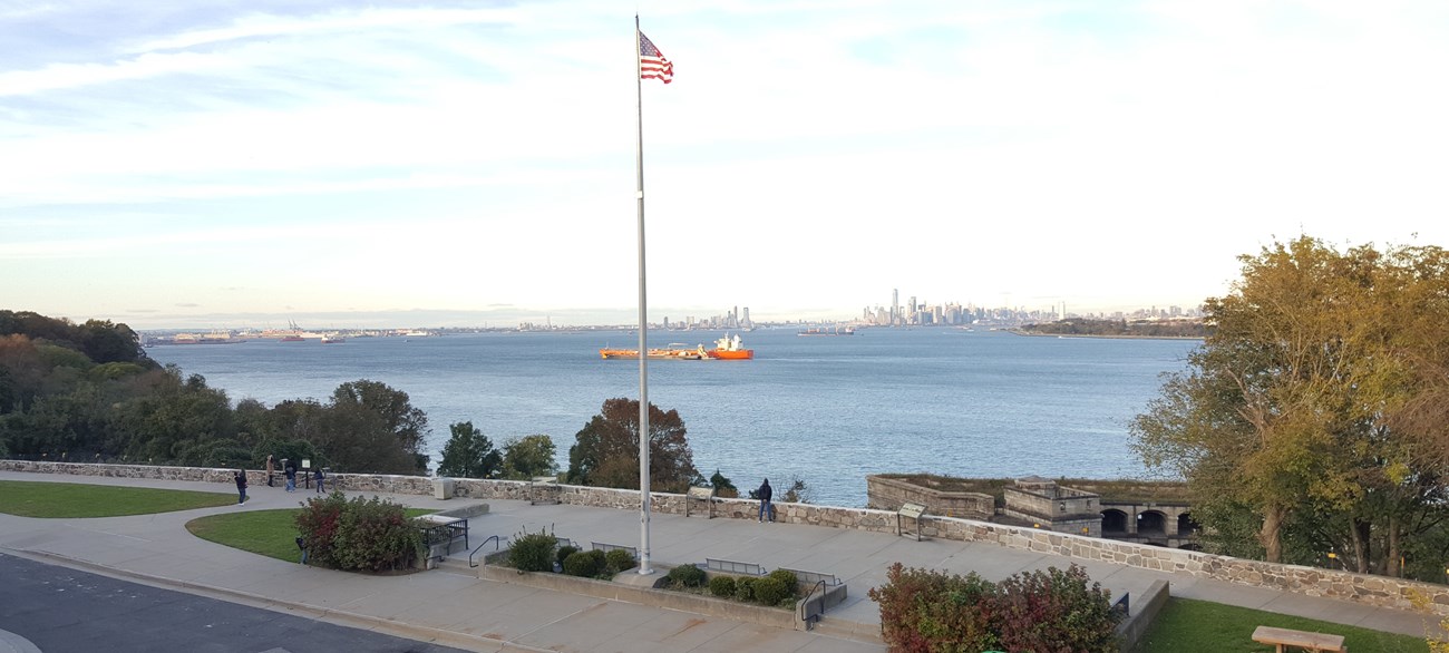 Fort Wadsworth Overlook View of New York Harbor and American Flag