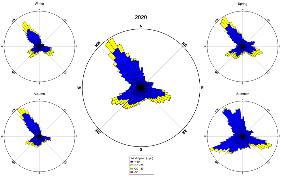 wind roses for the year and the 4 seasons showing wind speed and direction at GEWA in 2020