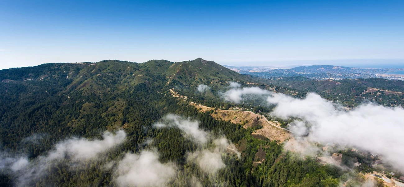 Aerial view Mt Tam Aerial view of Mountain Tamalpais, overlooking the forest covering the mountain, a trail along the top ridge and, the surrounding cities nearby