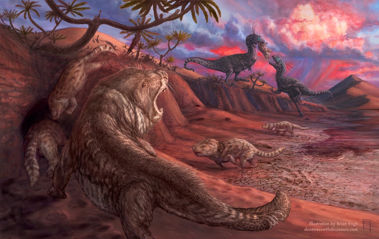 A painting depicting an Early Jurassic scene from the Navajo Sandstone desert preserved at Glen Canyon NRA.