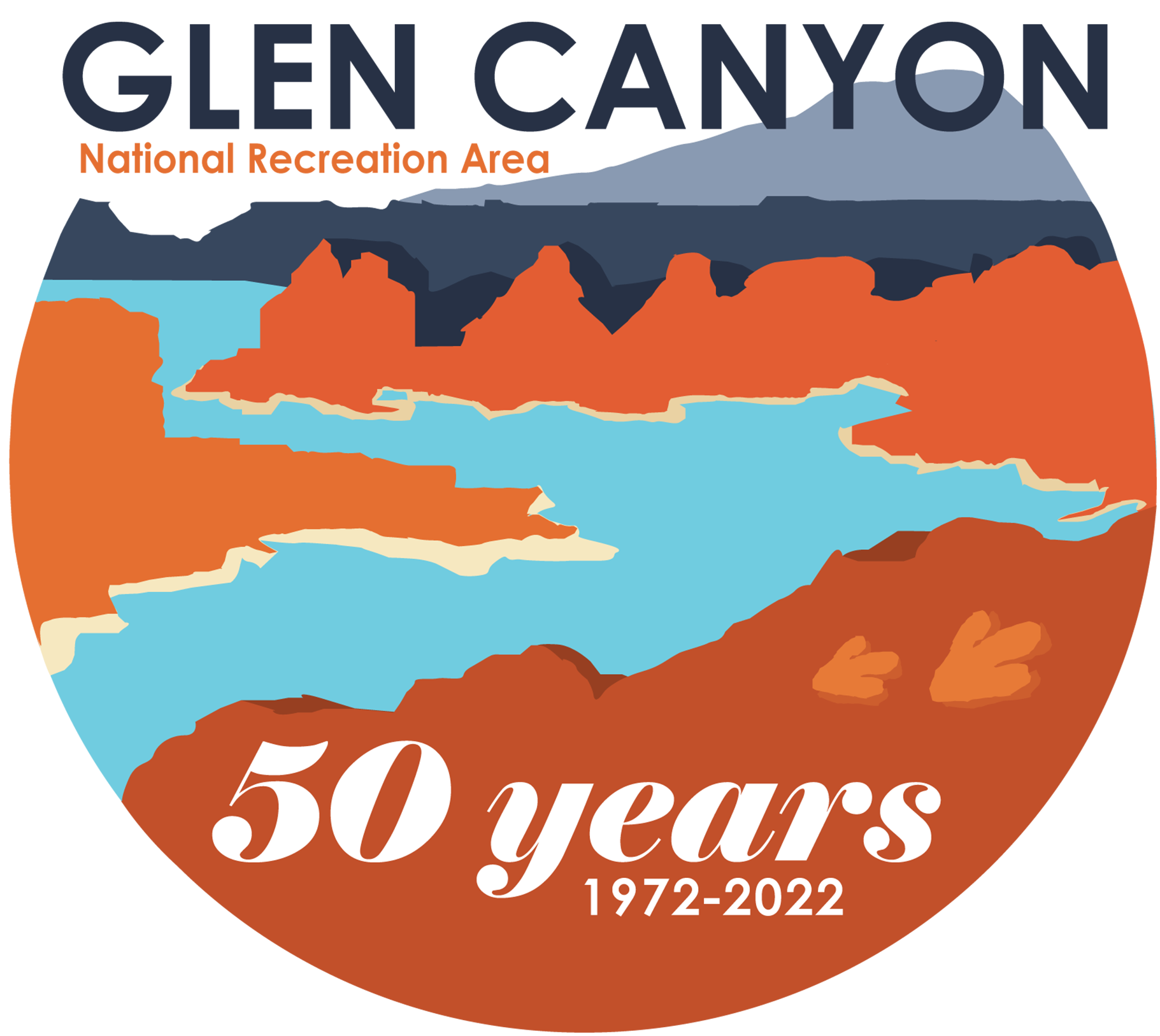 Logo- digital illustration of orange canyons, winding blue waterway, dinosaur foot prints, and purple mountain and mesas. Reads Glen Canyon National Recreation Area 50 years 1972 - 2022