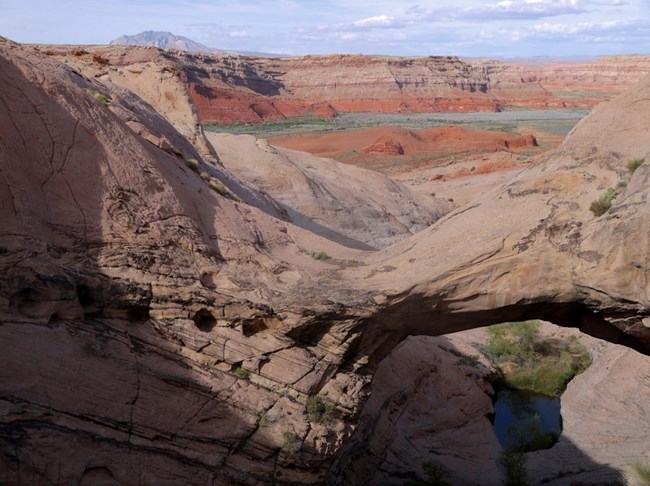 Small isolated pool set in eroding red sandstone.