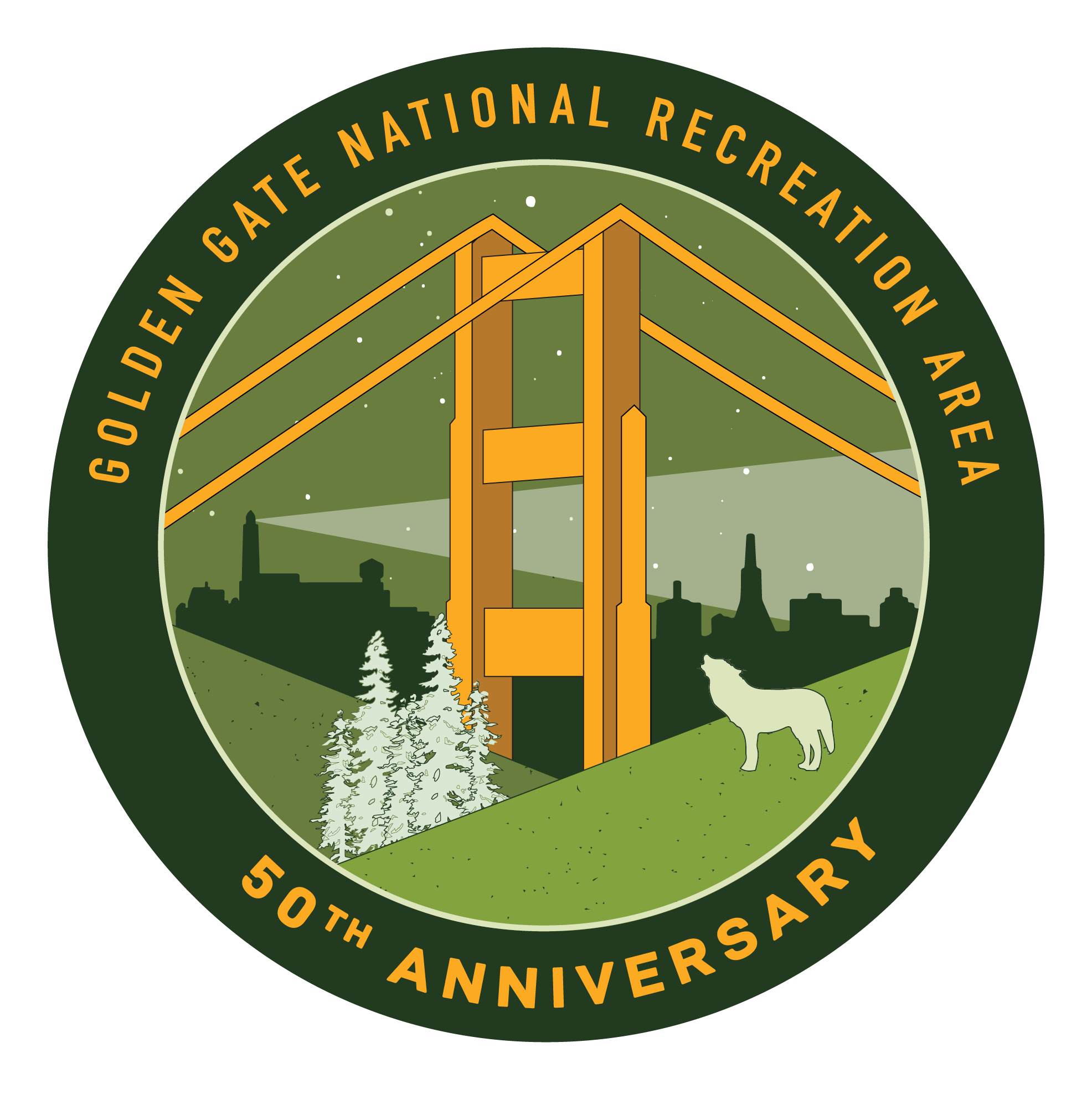 Golden Gate National Recreation Area 50th Anniversary Logo- a wolf howling near coniferous trees in the foreground, top of suspension bridge in front of a city-scape starry night background.