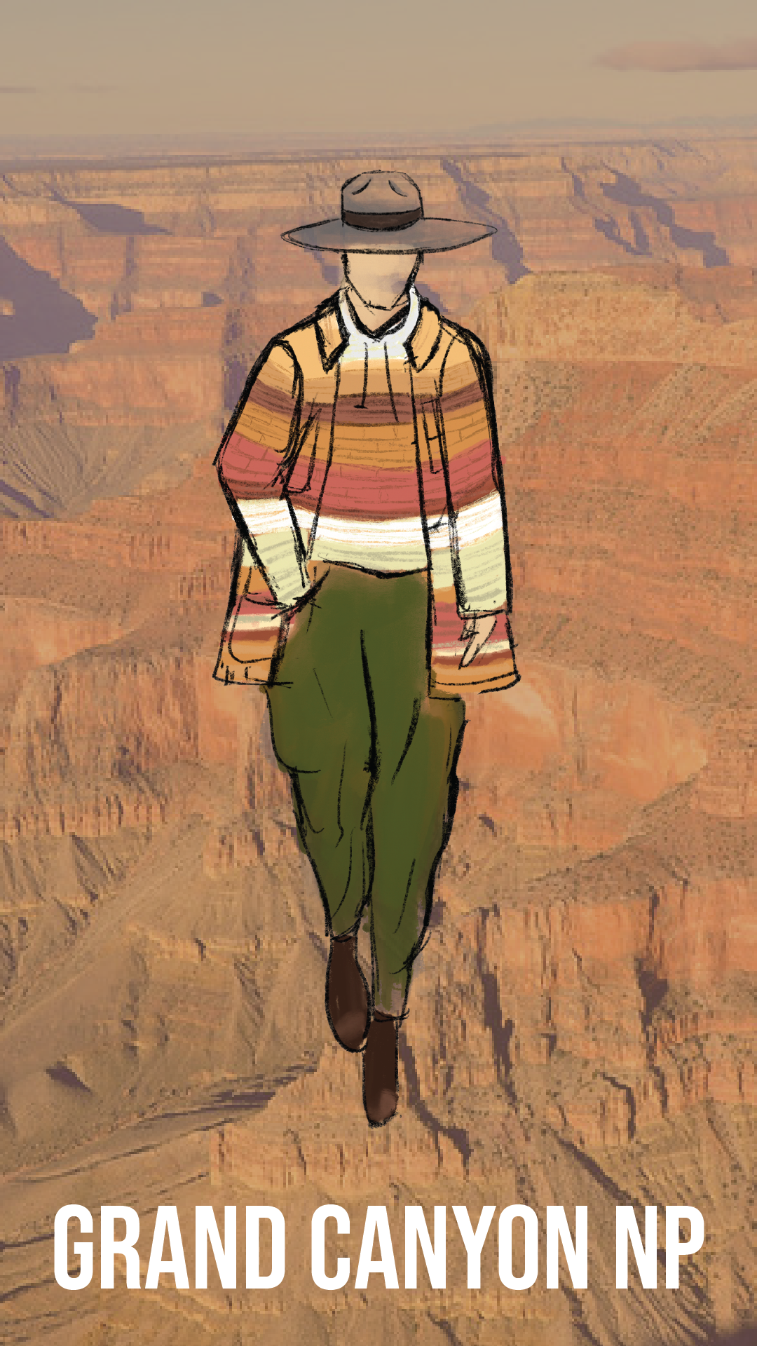 A fashion sketch of a male model wearing a jacket inspired by rock layers.