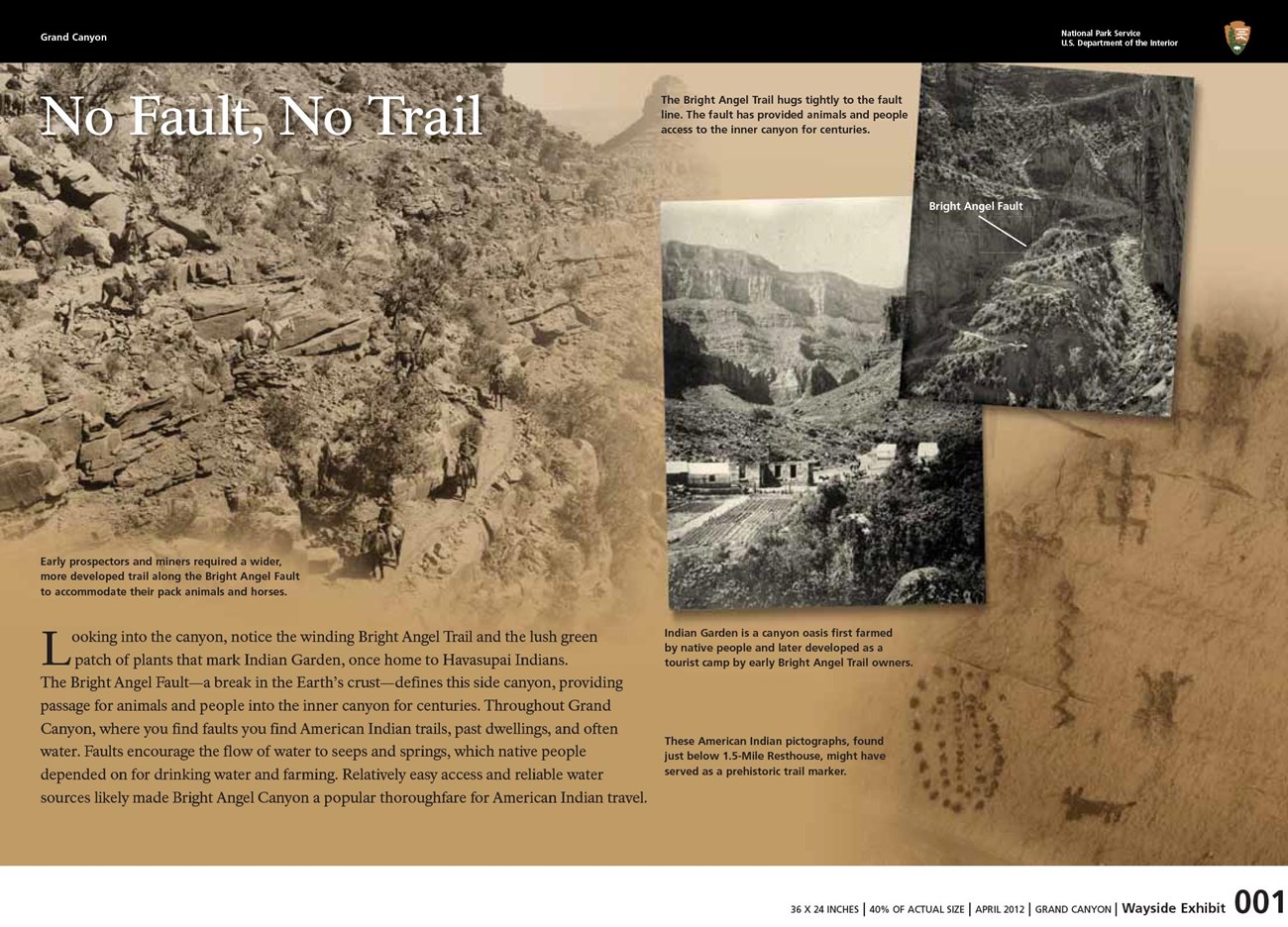 GRCA_Phase_I_Revised_Production_Files Original-2 an exhibit panel that talks about Bright Angel Trail and shows historic black and white photos of the trail, and an early tourist camp built on the edge of a Havasupai farm field.