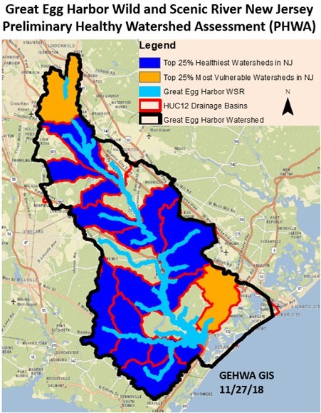 Preliminary Healthy Watersheds Assessments (PHWA) map produced by the GEH Watershed Association in 2018 showing the HUC12 subwatersheds and their health.  Map provided by Fred Akers.