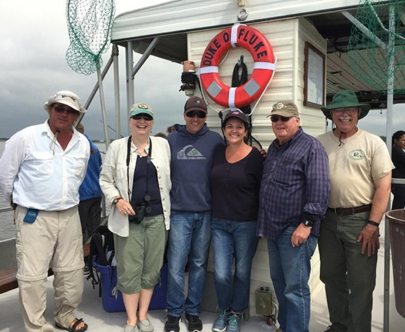 Duke-O-Fluke Great Egg Harbor River Outdoor Education Partnership. From left to right: Mike Mulveen, Lynn Maun, Jim Thoms, Stephanie Oster, Captain Brook Koeneke, Fred Akers.  Photo Credit:  Julie Akers.