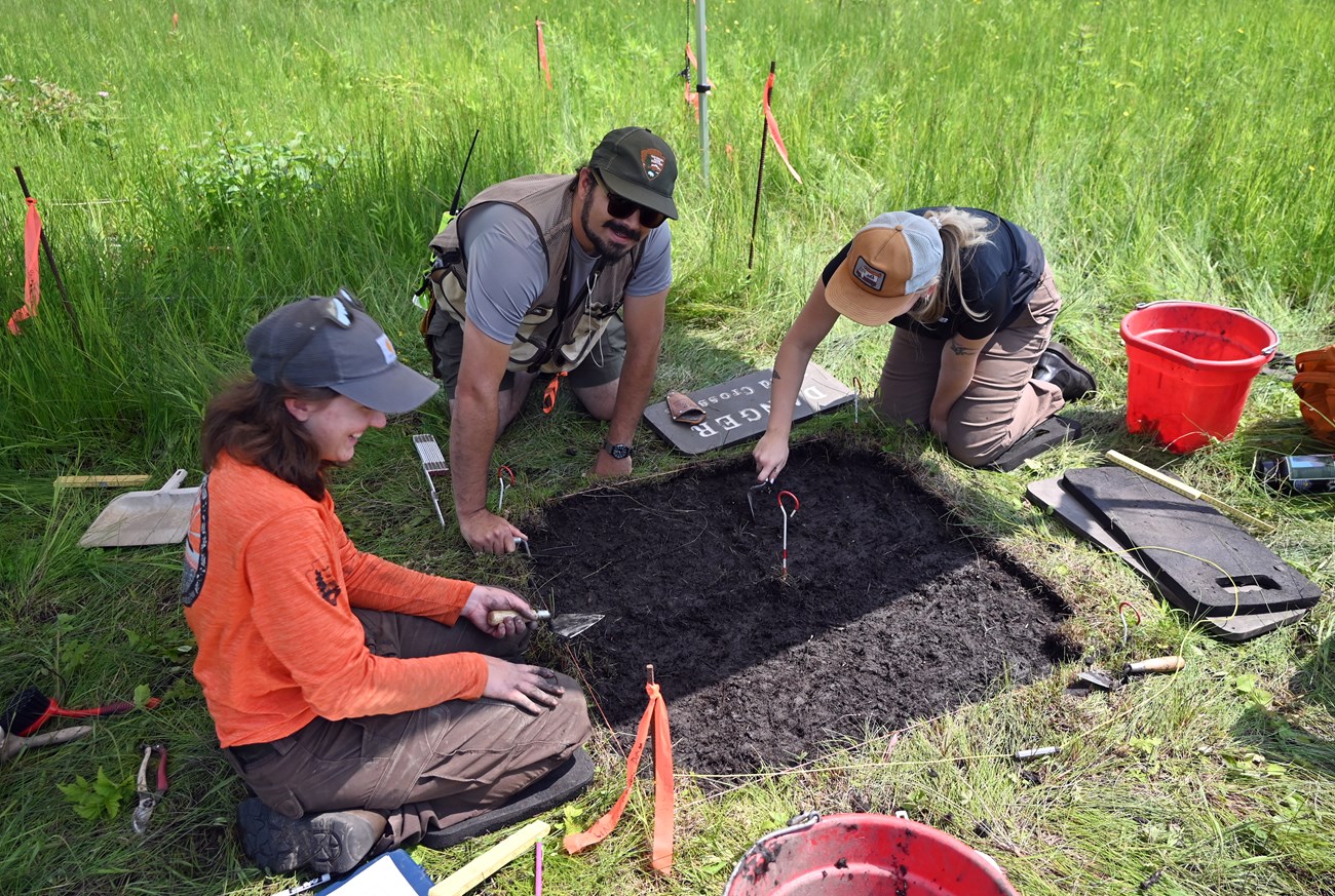 Three people kneeling around a square of soil surrounded by grass and various tools.