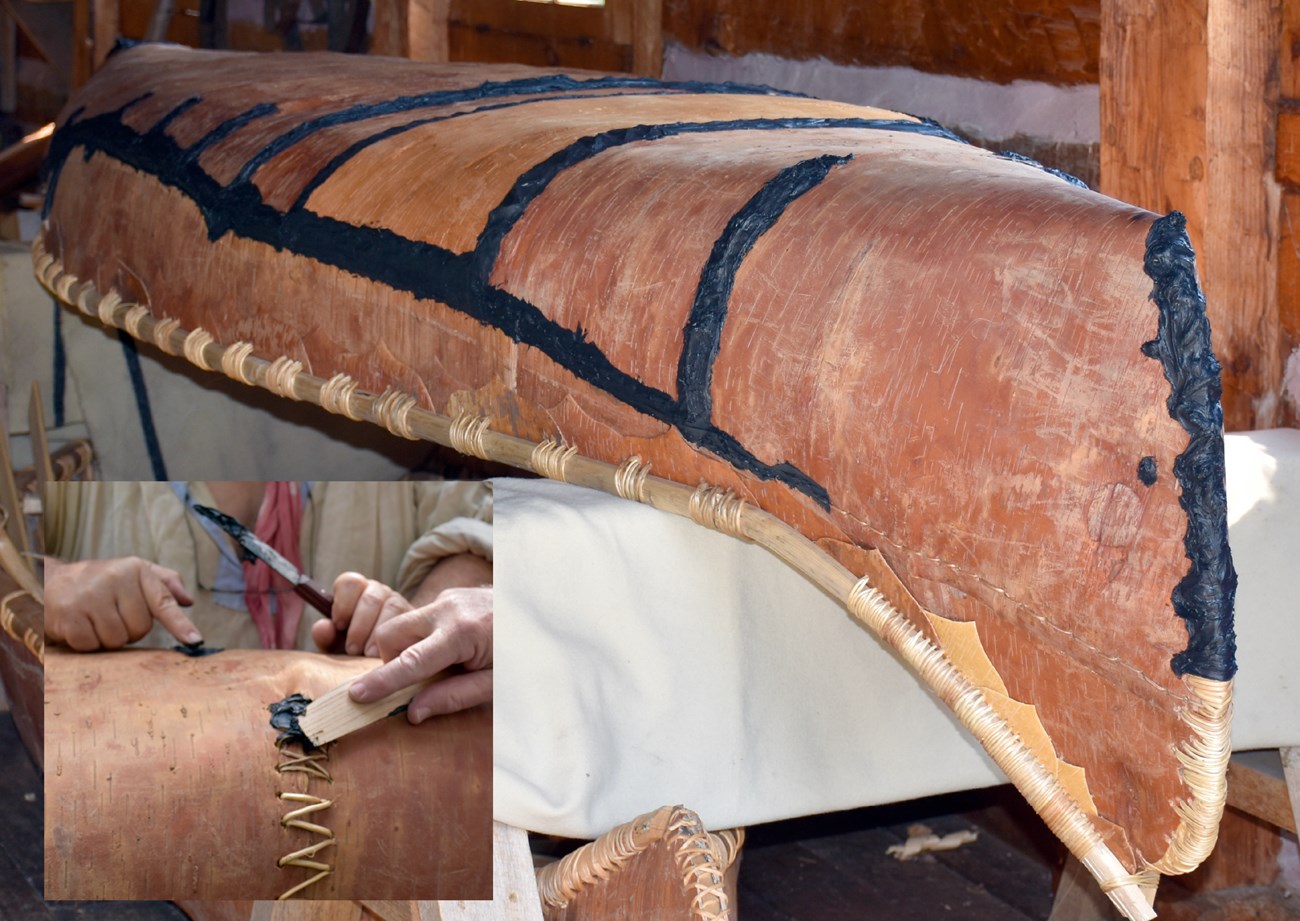 sealing jiimaan Upturned birch canoe showing black-sealed seams and an inset detail of hands applying sealant.