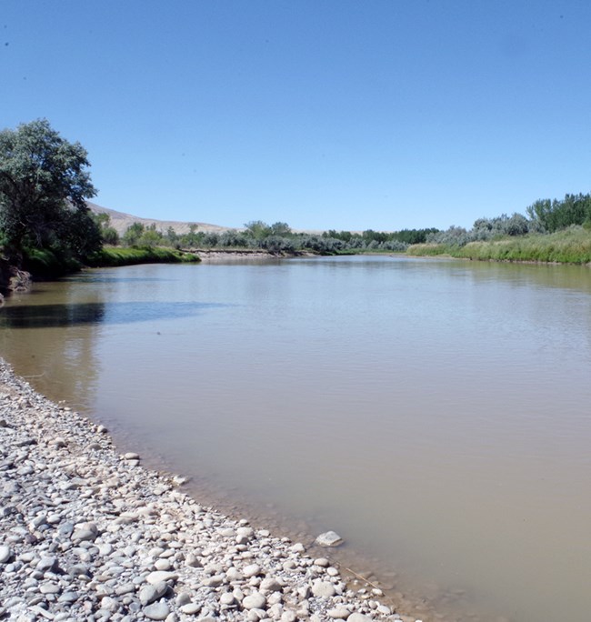 A brownish river lined by rocky shores and shrubby banks.