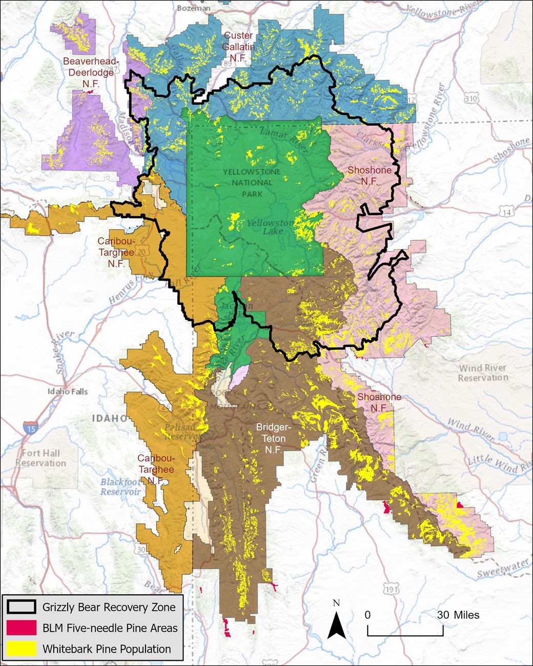 Map of the Greater Yellowstone Ecosystem, with agency boundaries and grizzly bear recovery zone.