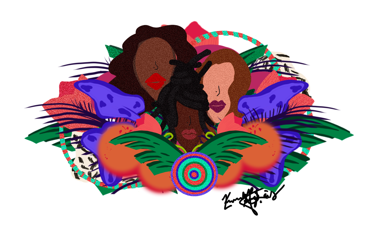 digital illustration with colorful designs of womens faces