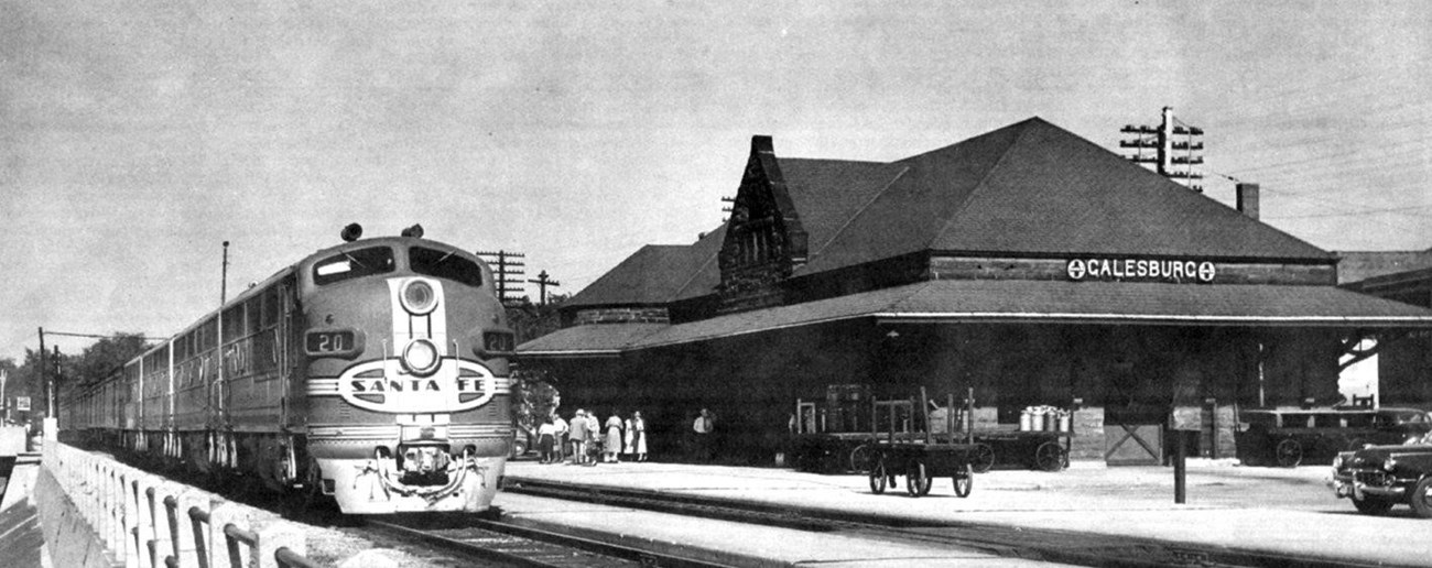 Black and white photo of train station in Galesburg, Il