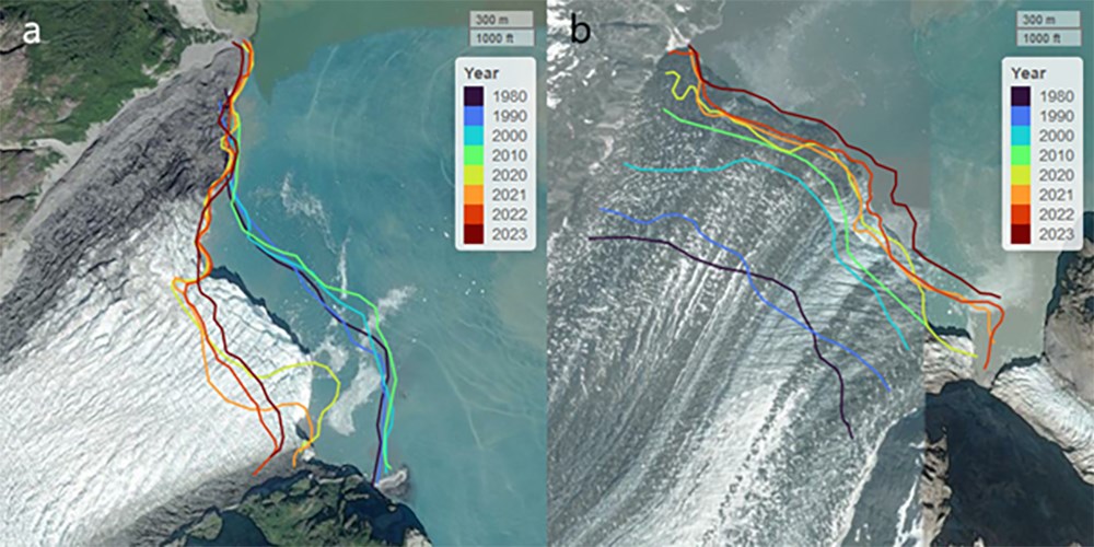 Gende_Fig5_web An image of two glaciers and the outlines of their termini--one retreating, one surging.
