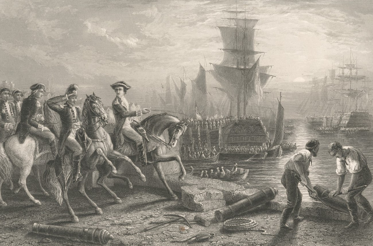 men on horseback overlook the Harbor. The Harbor has many ships, all filled with people. In the foreground are two men pushing cannons into the water.