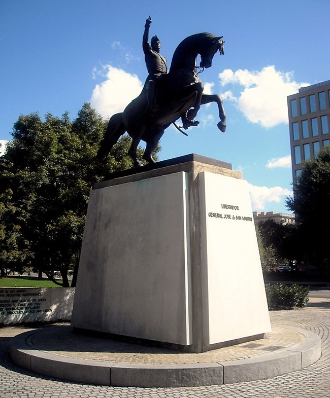 The General Jose de San Martin Memorial located at 20th Street and Virginia Avenue, NW in the Foggy Bottom neighborhood of Washington, D.C. San Martin is on a horse.