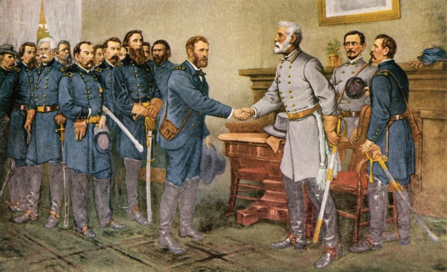 Drawing of Grant and Lee shaking hands at Appomattox Court House