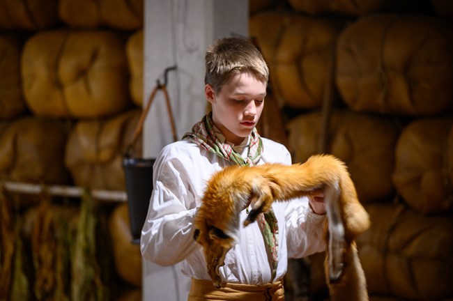 A boy in the fur store holding an animal fur.