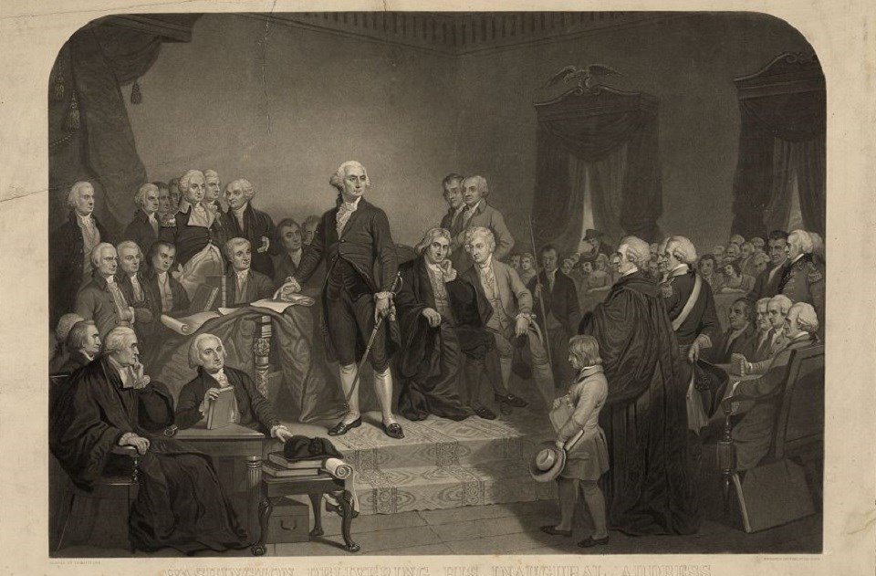 Illustration of George Washington talking to a group of people