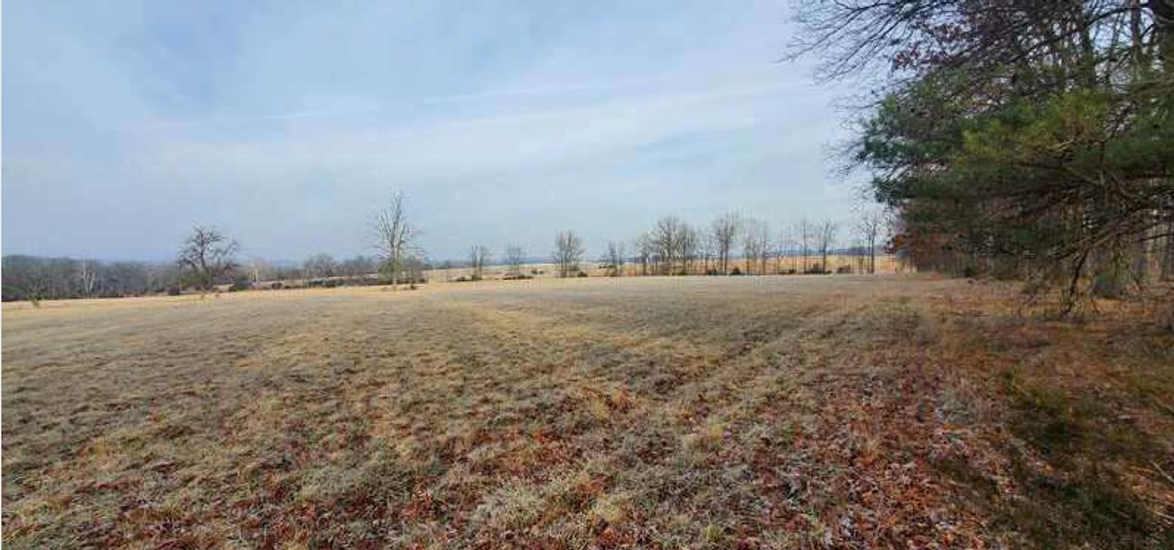 The 1st U.S. Cavalry and the 6th Pennsylvania Cavalry regiments of the Union army were positioned directly on this parcel as they launched attacks against the Confederate army. Two open plain fields of dry, mowed hay spread from right to left from the foreground to the middle of the image. Patches of dark, leafless trees form a line dividing the two fields with evergreen trees filling the right-hand side under blue and gray stre