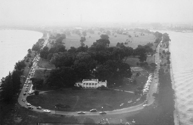 Girl Scout Teahouse arial (2) Arial view of Hains Point including the Teahouse with a road circling the island