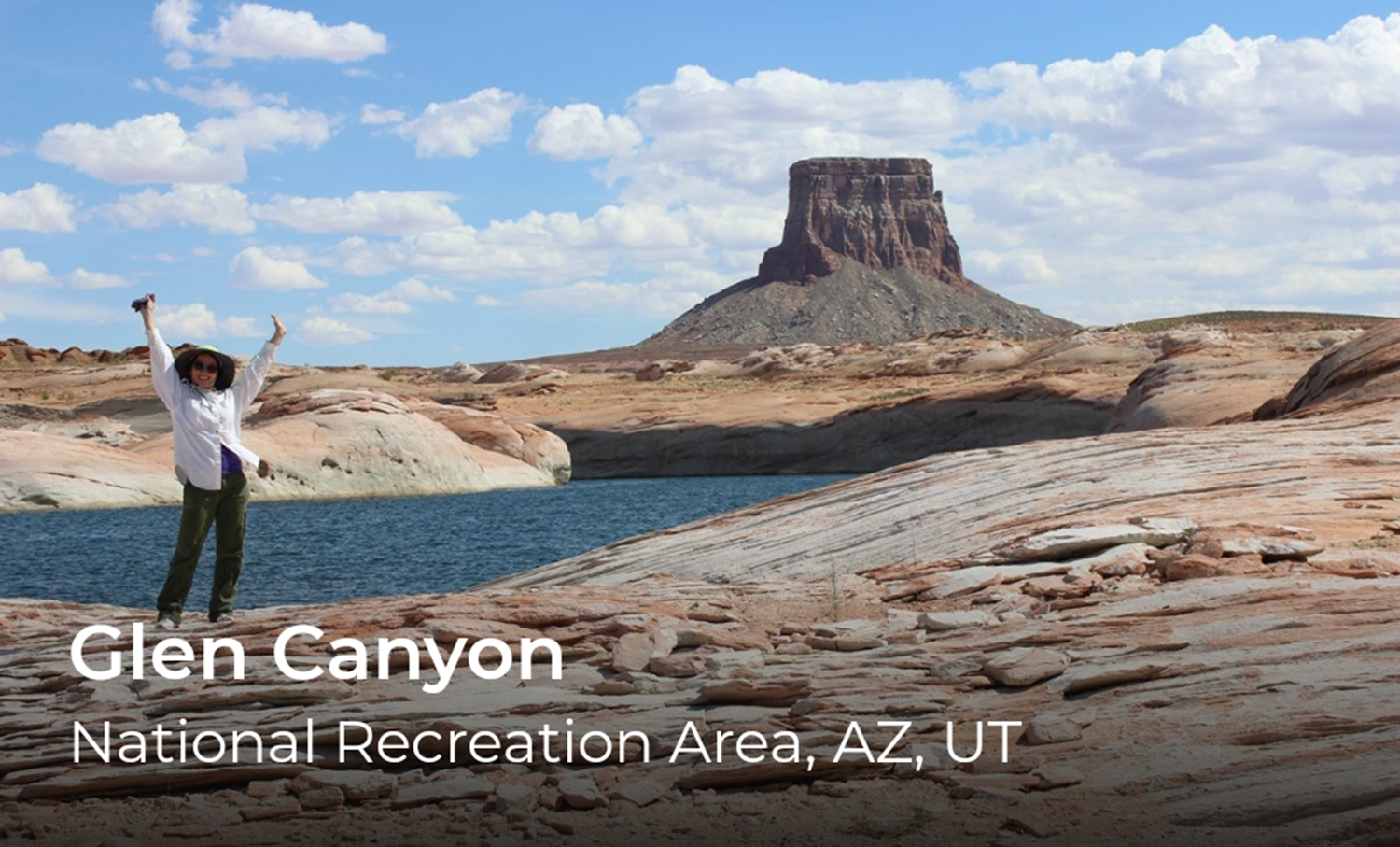 A person at a rocky lake, words in the lower left read Glen Canyon.