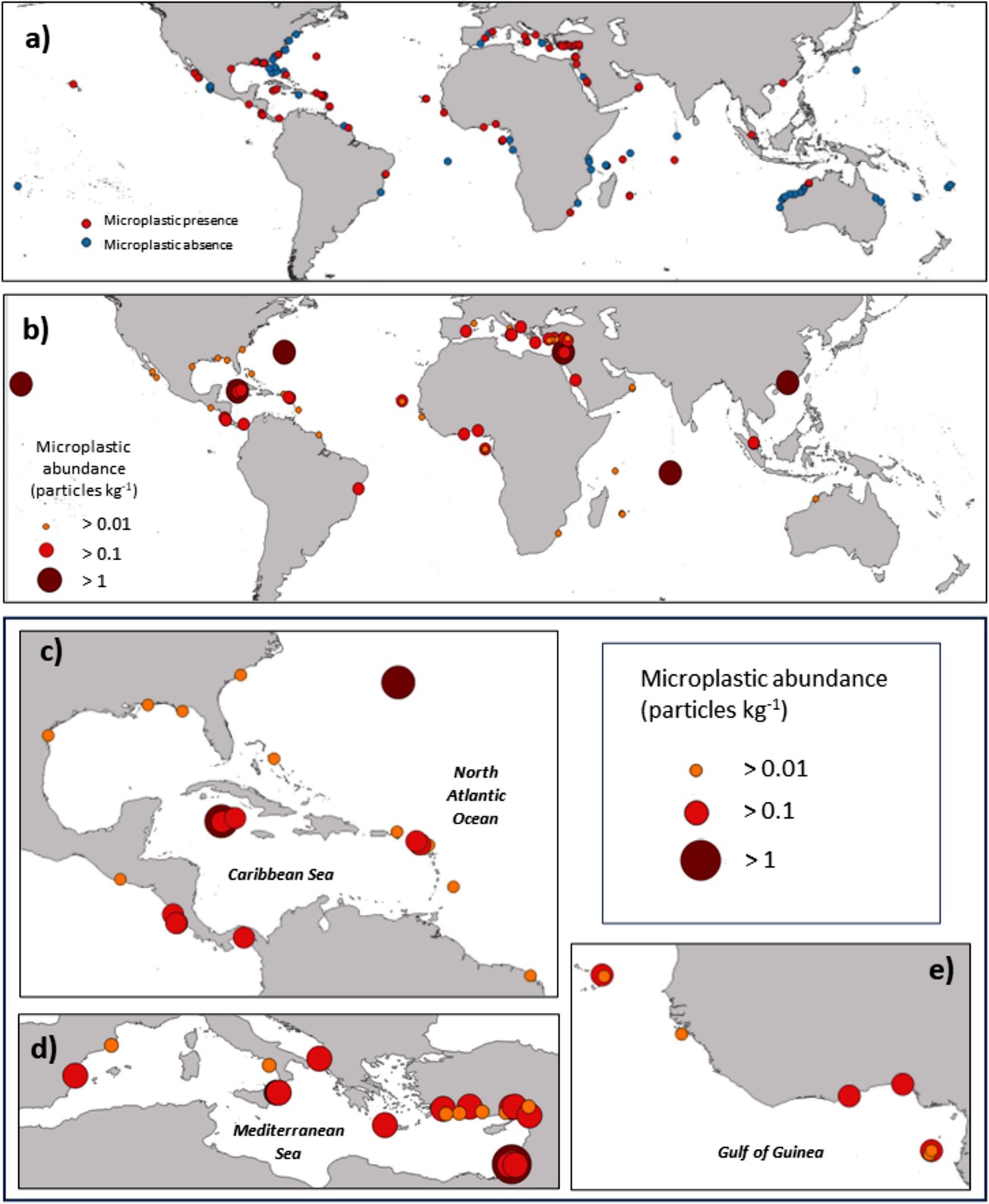 Five maps showing microplastic occurrence as red (present), blue (absent), and particle size (orange to red to deep red) on world beaches