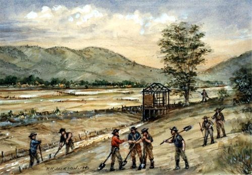 Marshall Finds Gold A watercolor painting of men digging with shovels near a small stream.