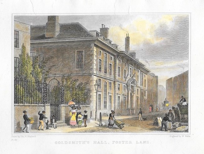 lt= A hand colored engraving of Goldsmith's Hall with many people on the street.