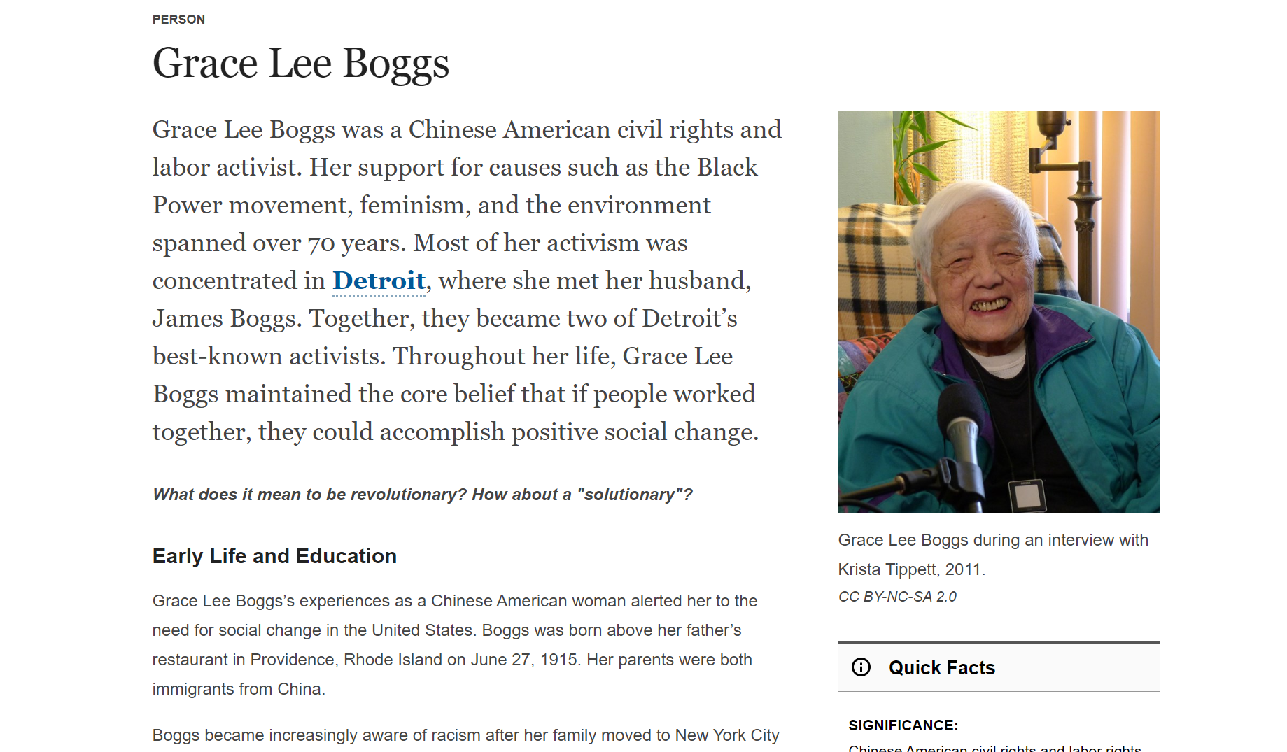 Screenshot of Grace Lee Boggs people page. The Pathways Through American History featured lots of different content, including historic places, lesson plans, and other resources. This biographical “People” page about Detroit labor activist Grace Lee Boggs