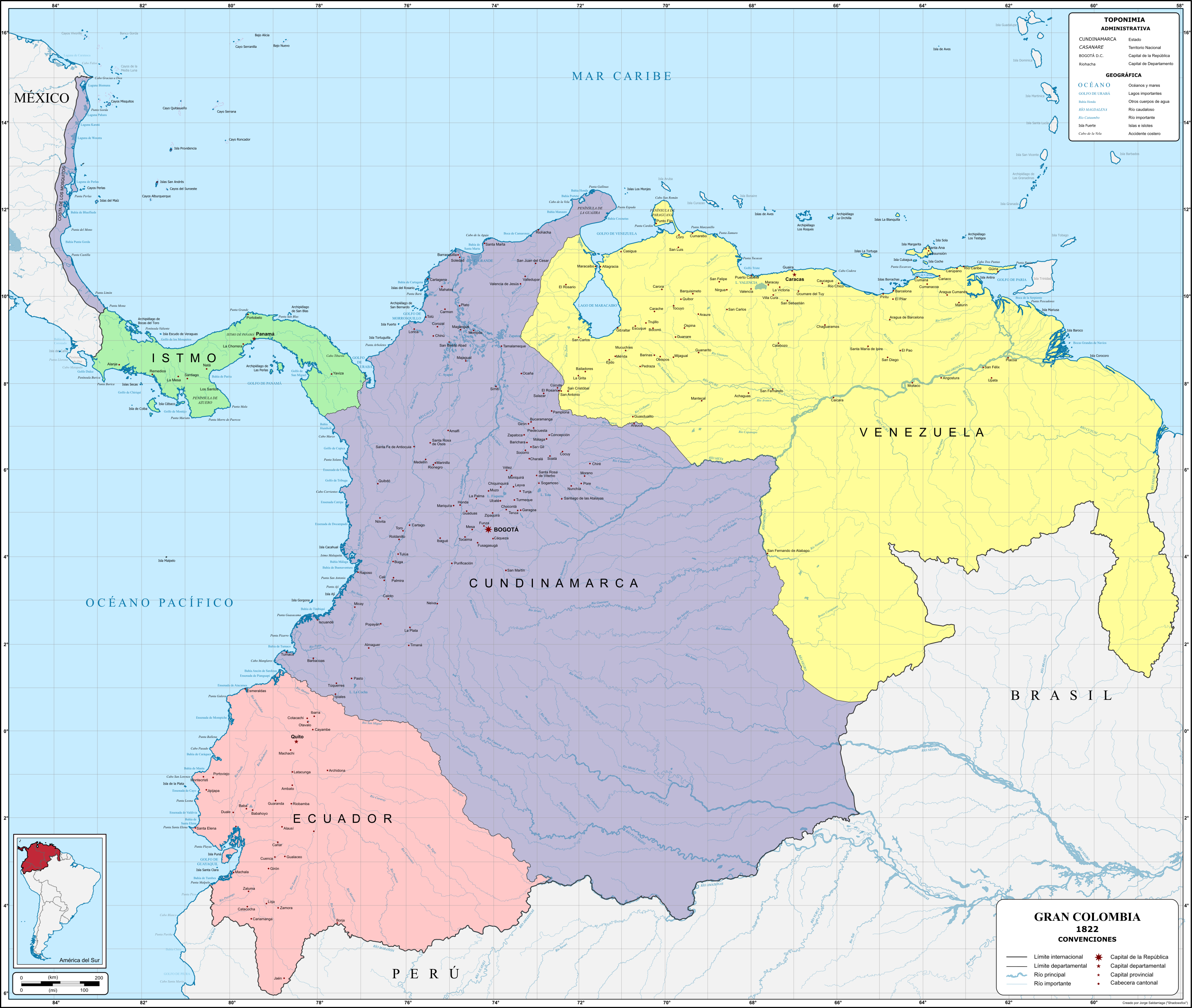 Spanish-language map showing historical boundaries of Gran Colombia, with subnational borders around present-day Venezuela, Colombia (labeled Cundinamarca), Ecuador, and the Isthmus of Panama