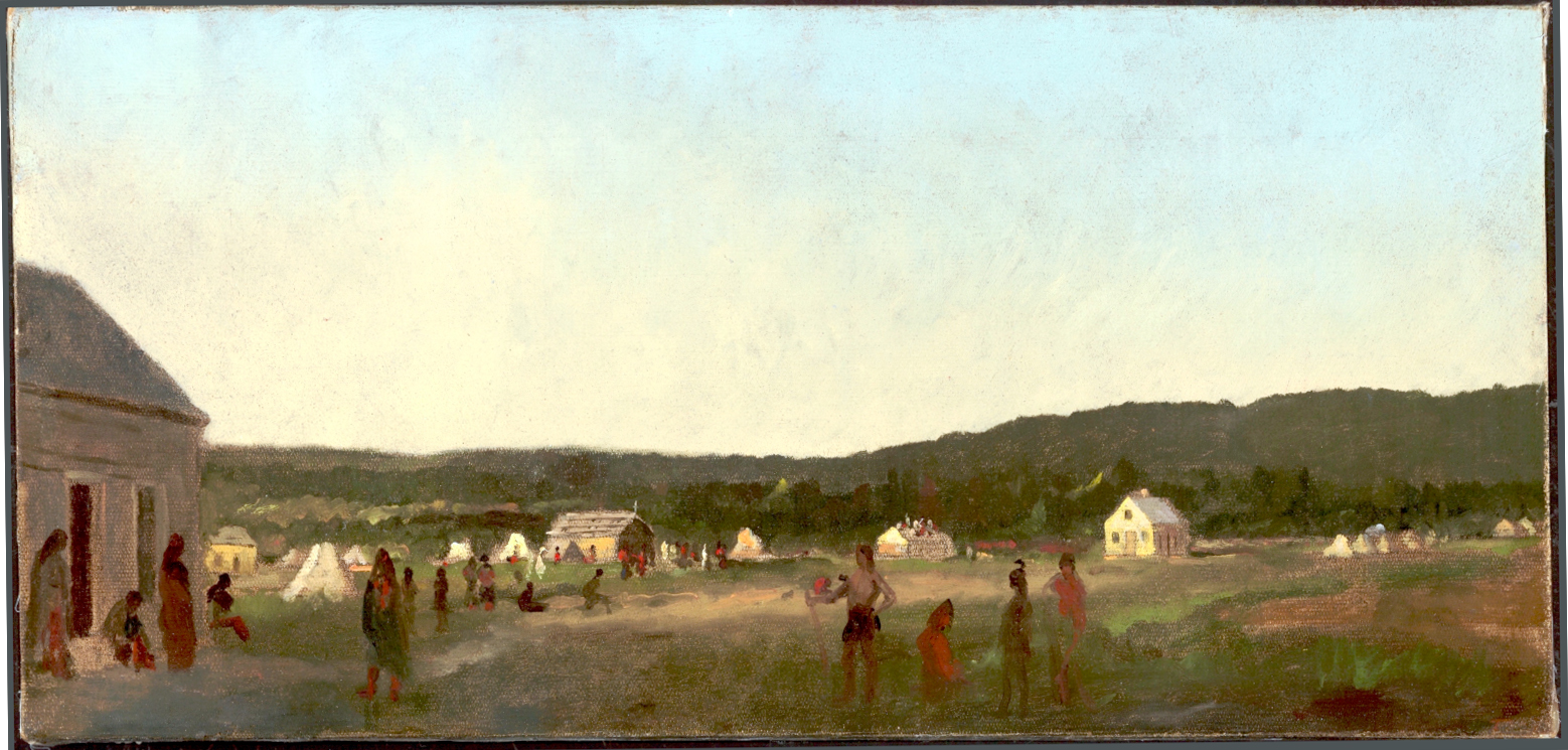 Historic painting of a village showing buildings and birch lodges wtih people in the foreground.