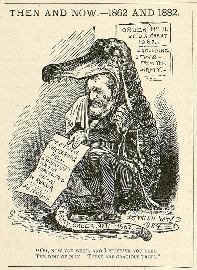 U.S. Grant with tears running down his face and wearing a crocodile outfit. Text refers to Grant's General Orders No. 11.