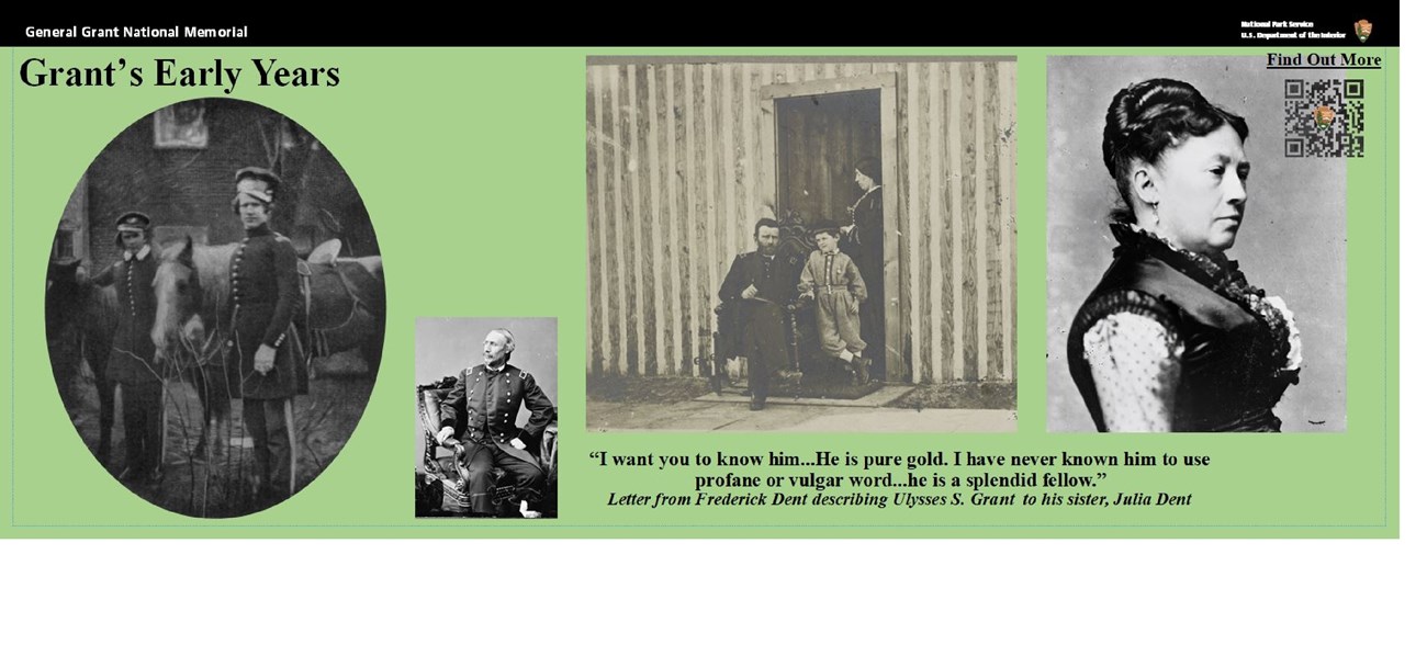 Green background with 4 black and white photos of Ulysses, Julia, and Frederick Dent
