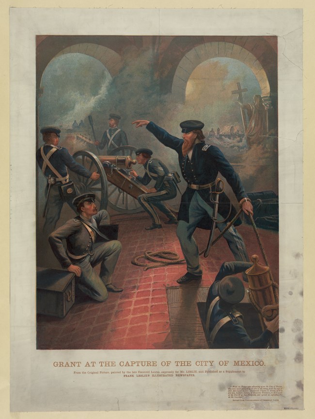 Color illustration of a man holding a sword in his left hand while pointing down above someone kneeling on the ground while men in the background load a cannon in a warscape