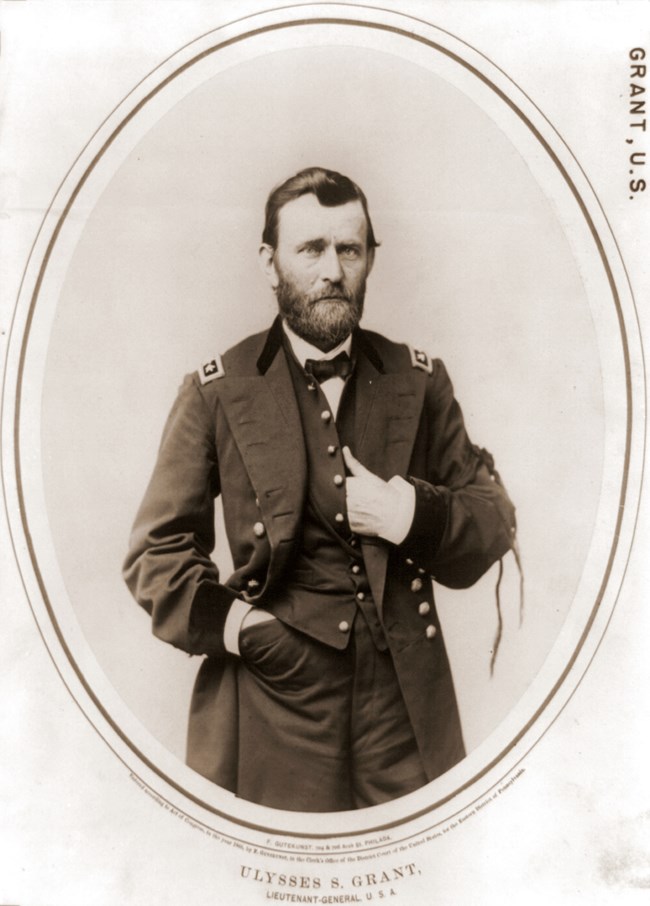 Lieutenant General Ulysses S. Grant Black and white photo of a man in uniform, photographed from the waist up